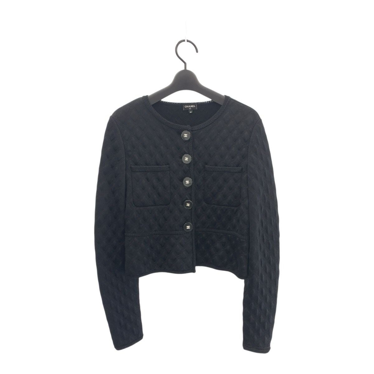 Chanel CC Logo 40 Black Silk Polyester Collarless Jacket