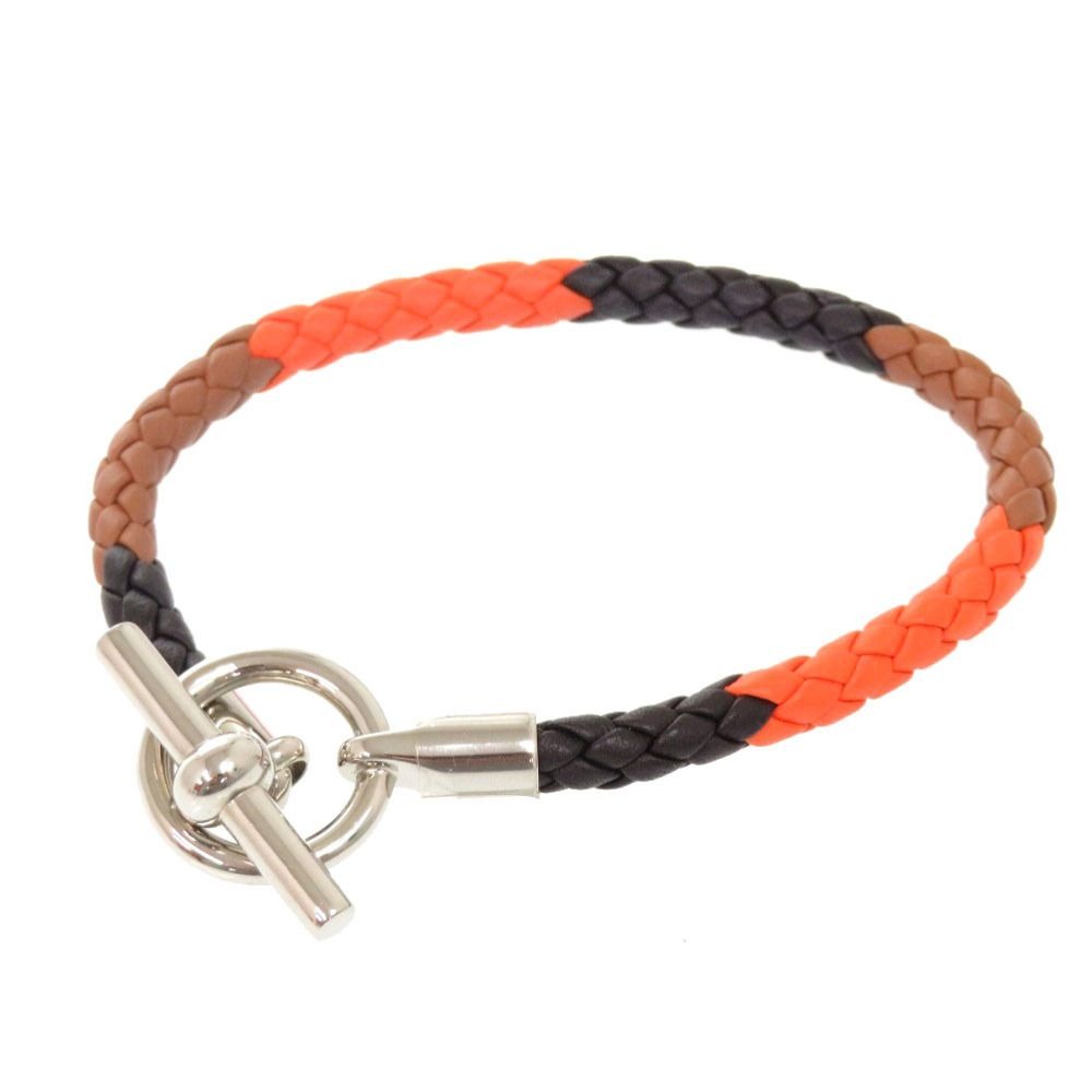 Hermes Grennan Leather Orange Brown Black Silver Hardware Bracelet Accessory