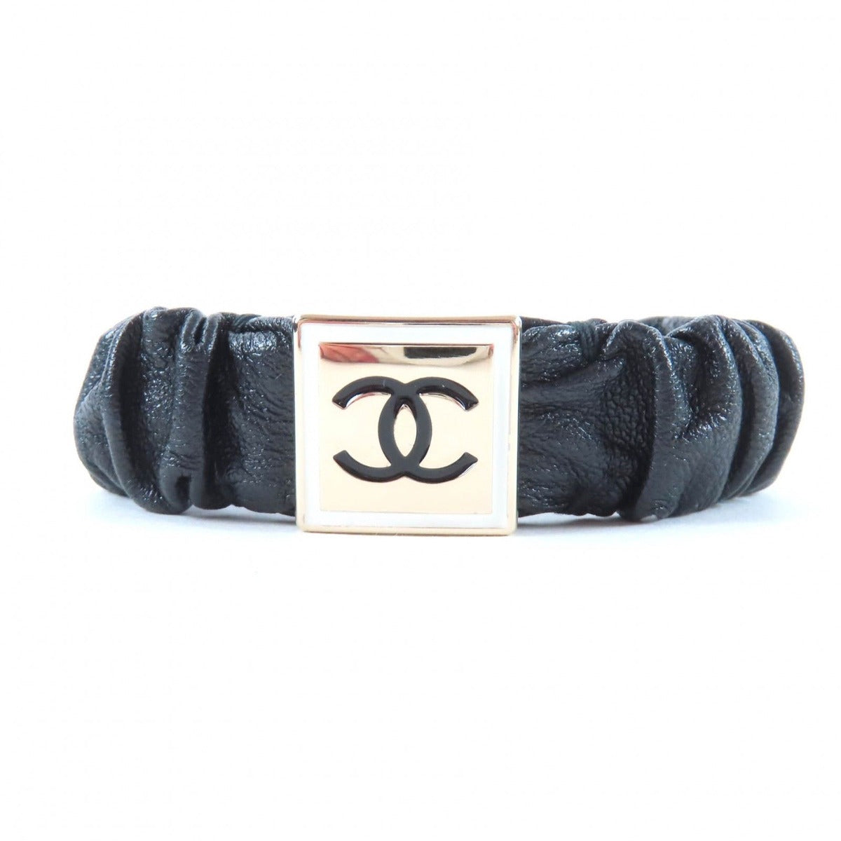 Chanel CC Logo Lambskin Hair Tie Scrunchie Black Gold
