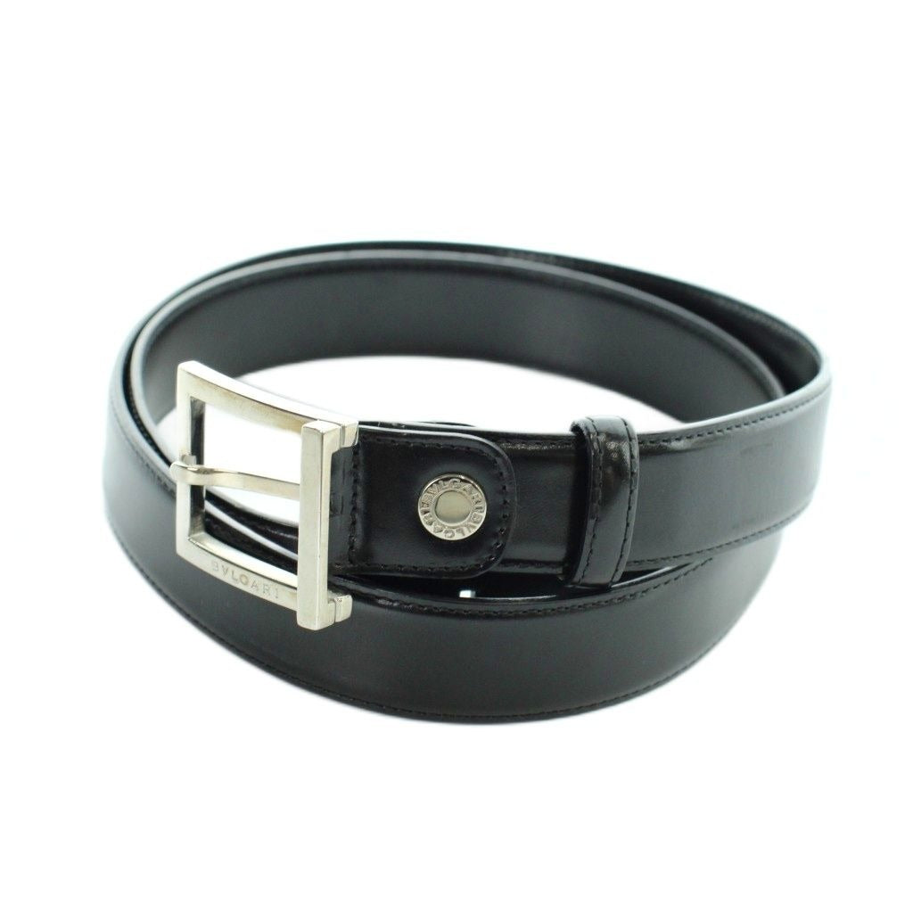 Bvlgari Belt Silver Leather Logo 110 44 Black