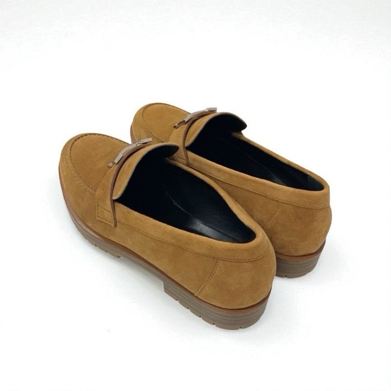 Hermes Faubourg Loafer Leather Shoes Suede Brown Silver Hhardware Moccasin Flat