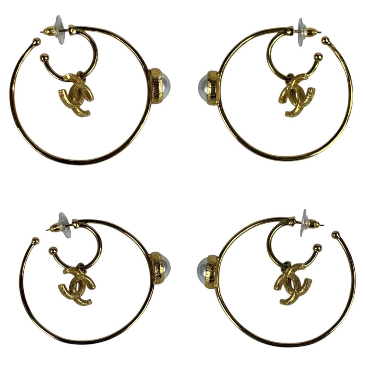 Chanel Collection 2 Hoop Earrings Pearl CC Logo Gold — view 3