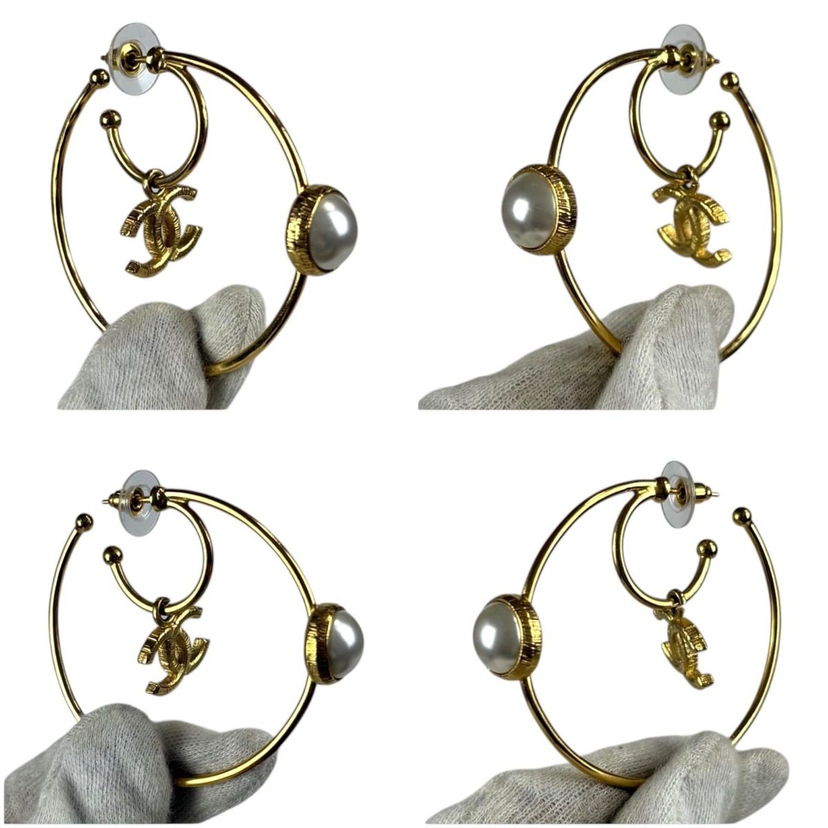 Chanel Collection 2 Hoop Earrings Pearl CC Logo Gold — view 4