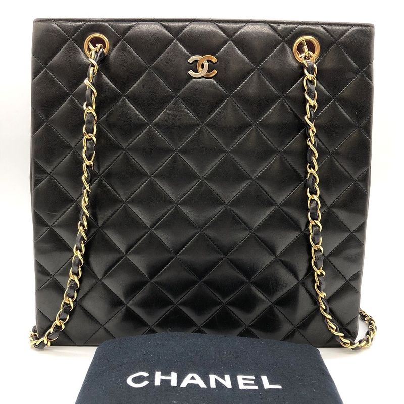 Chanel Matelasse Chain Shoulder Bag Tote Bag Coco Mark Vintage Lambskin Black