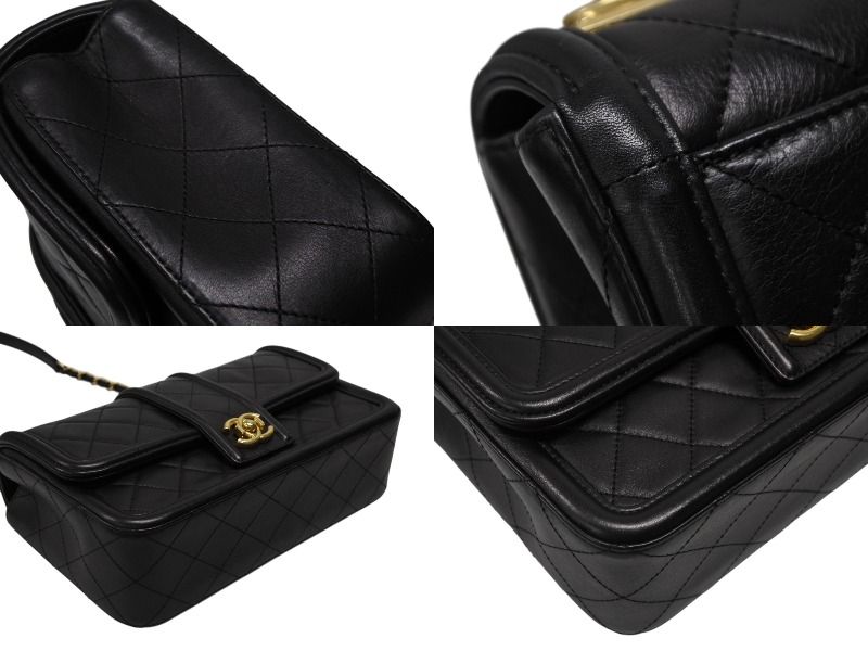 Chanel S Flap Chain Shoulder Bag CC Logo Lambskin Black Gold — view 6