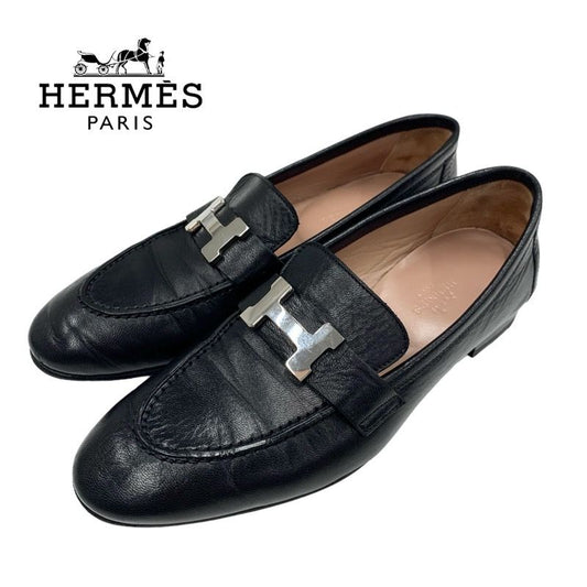 Hermes Paris Loafers Shoes Leather Black Silver Moccasins Flat Shoes Hhardware