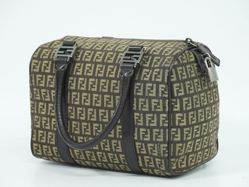 Authentic Fendi Zucchino Mini Boston Bag Handbag Canvas Beige Brown 8bl068