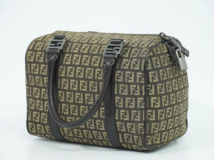 Authentic Fendi Zucchino Mini Boston Bag Handbag Canvas Beige Brown 8bl068