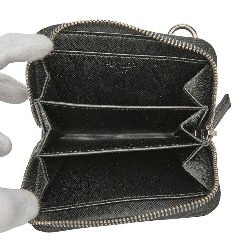 Prada Triangle Logo Plate Coin Case Card Case Shoulder Wallet Black Saffiano