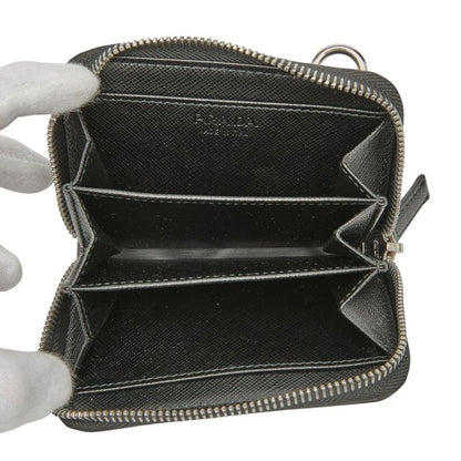 Prada Triangle Logo Plate Coin Case Card Case Shoulder Wallet Black Saffiano