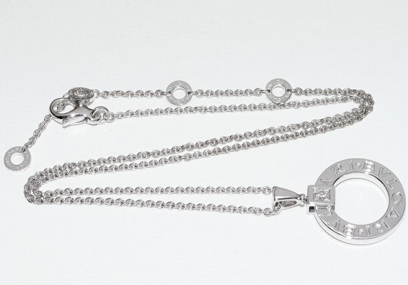 Bulgari Pendant Necklace 18K White Gold Diamond 1P Bulgari Circle Logo Necklace