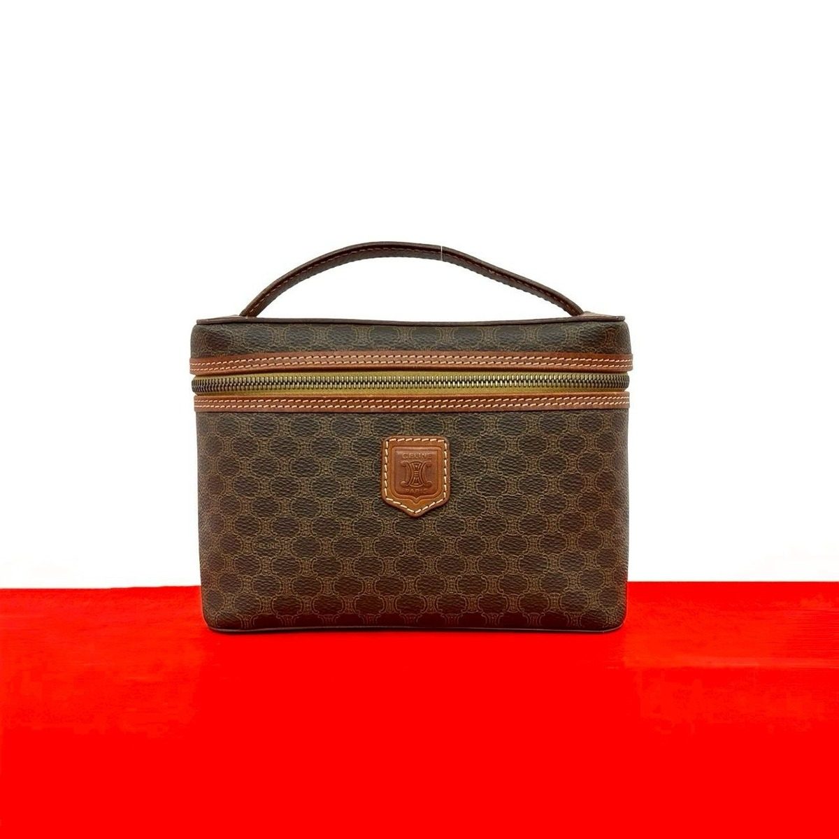 Celine Vintage Macadam Blason Triomphe Pattern Leather Handbag Vanity Bag Brown