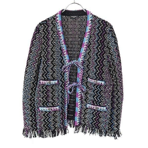 Chanel 21 P Coco Mark Button Tweed Fringe Cardigan Black 36