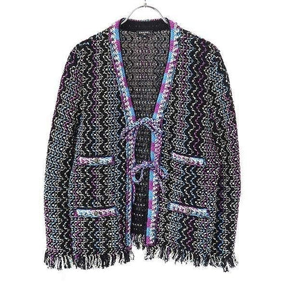 Chanel 21 P Coco Mark Button Tweed Fringe Cardigan Black 36