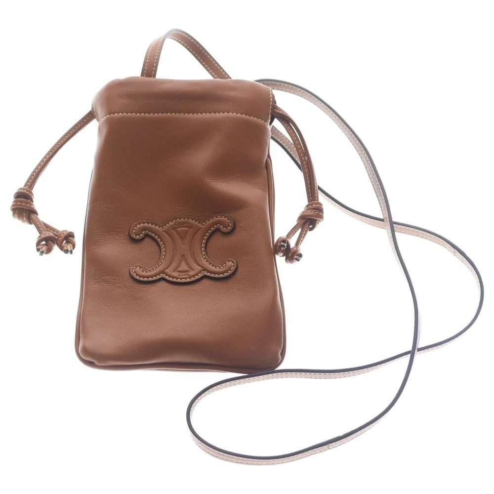 Celine Triomphe Cuir White Stitch Phone Pouch Mini Shoulder Bag Brown Leather
