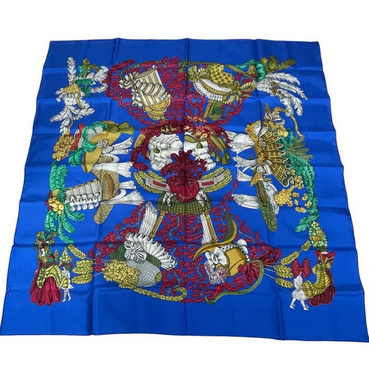 Hermes Scarf Silk Carre 90 Chapeau Hat Off Blue