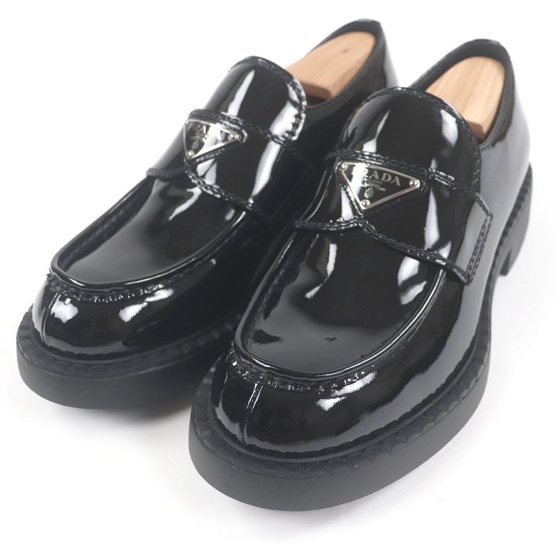 Prada Chocolate Patent Leather Triangle Logo Thick Soled Loafers Black 6.5 With