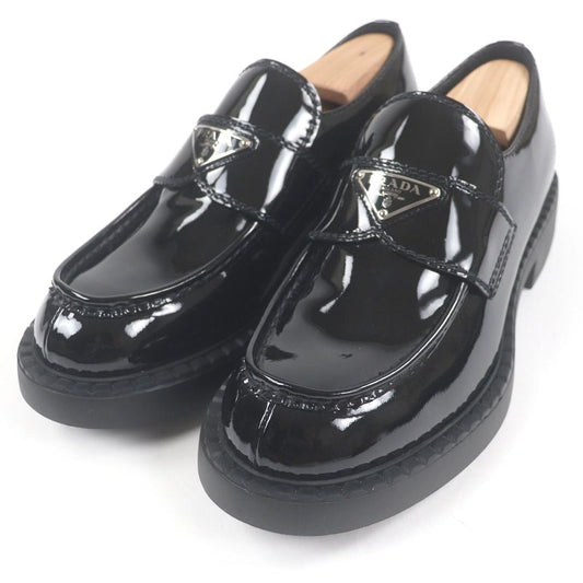 Prada Chocolate Patent Leather Triangle Logo Thick Soled Loafers Black 6.5 With