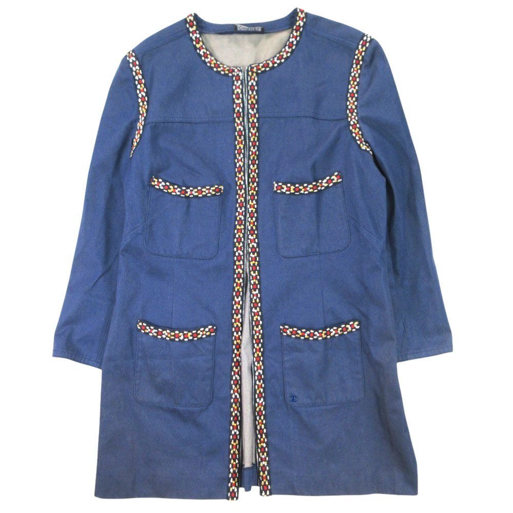 Chanel Denim Long Coat Tweed Trimming Sequin Decoration Indigo
