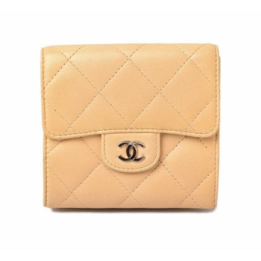 Chanel Wallet 3 Fold Lambskin Beige Silver Hardware