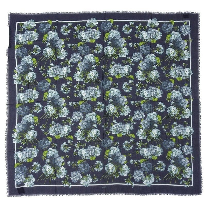 Gucci 2016 Item Floral Silk Rayon Fringe Shawl Scarf Navy