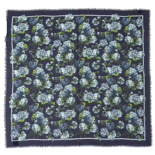 Gucci 2016 Item Floral Silk Rayon Fringe Shawl Scarf Navy