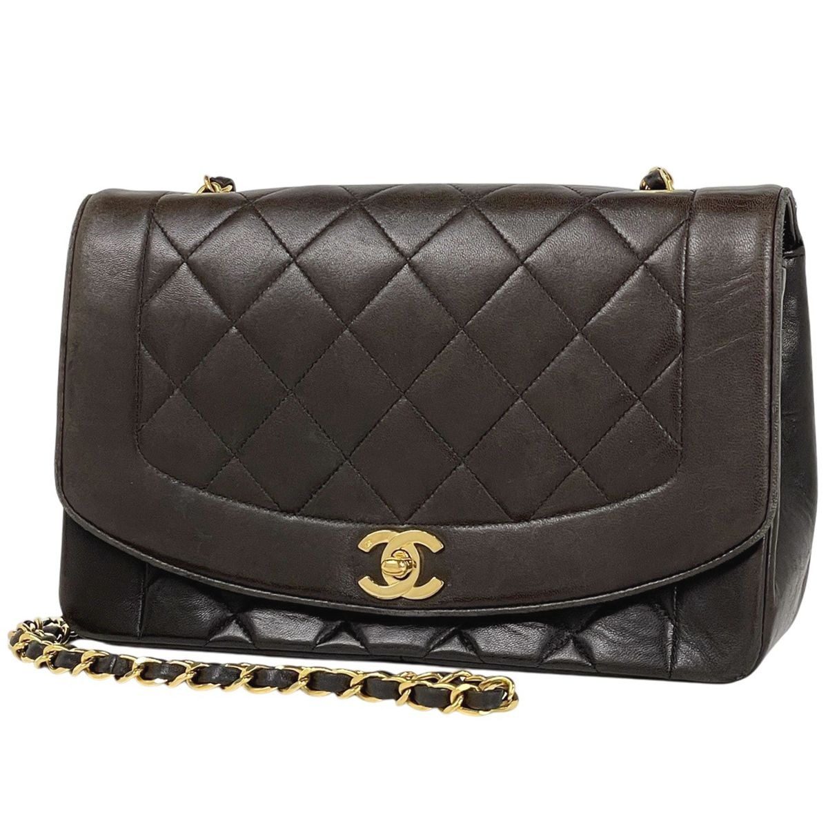 Chanel Diana Quilted Single Flap Chain Shoulder Bag CC Logo Leather Black