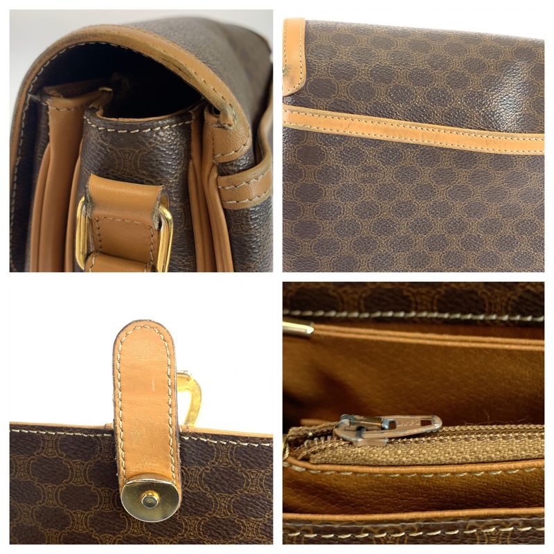 Celine Vintage Macadam Pattern Brown Gold Hardware Pvc/leather Crossbody