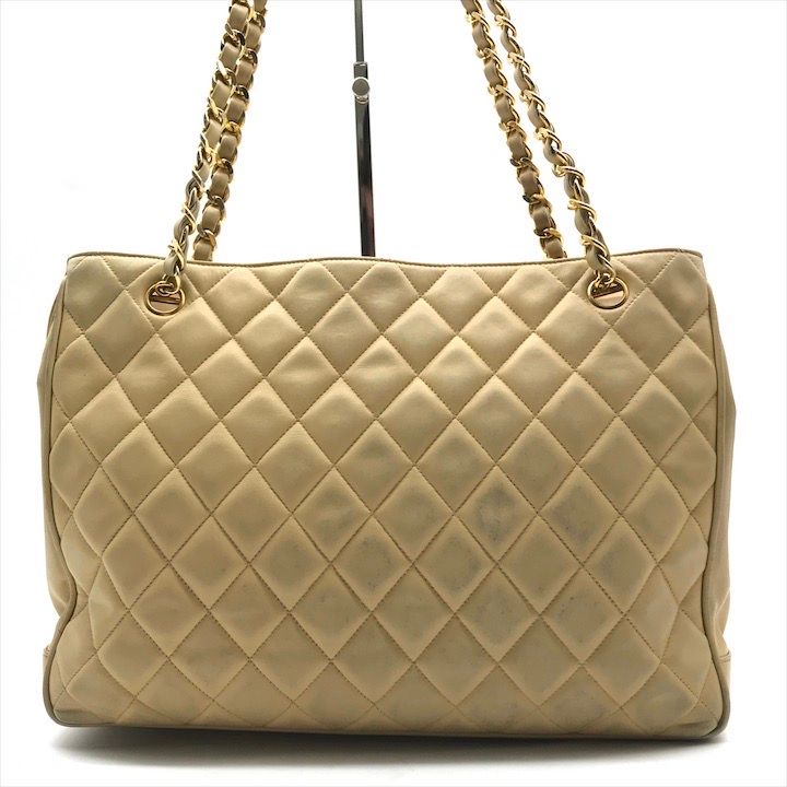 Chanel CC Logo Quilted Lambskin Chain Shoulder Bag Leather Beige