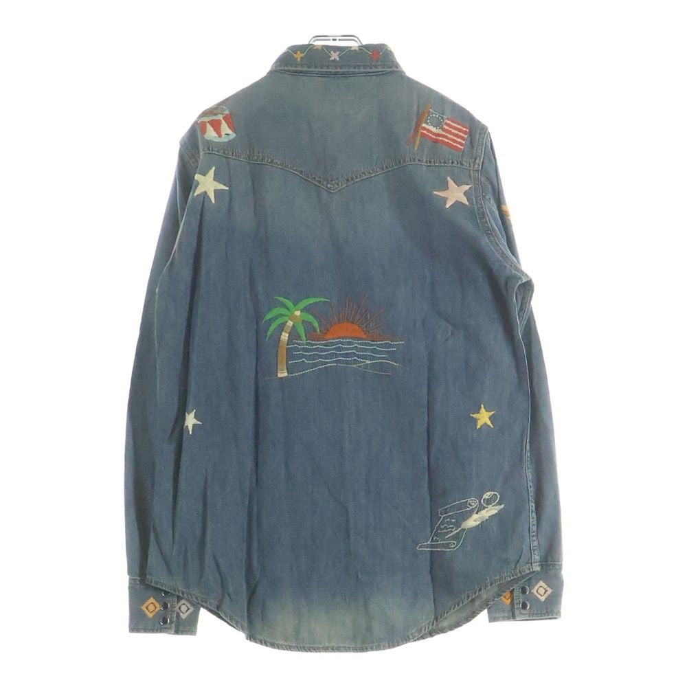 Saint Laurent Paris Floral Embroidery Long Sleeve Denim Shirt Indigo
