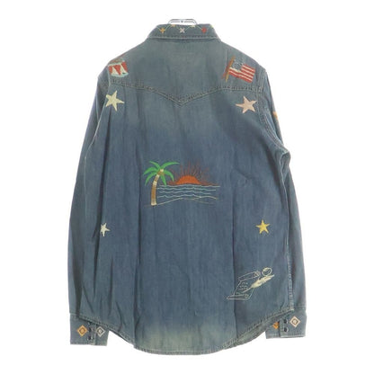 Saint Laurent Paris Floral Embroidery Long Sleeve Denim Shirt Indigo