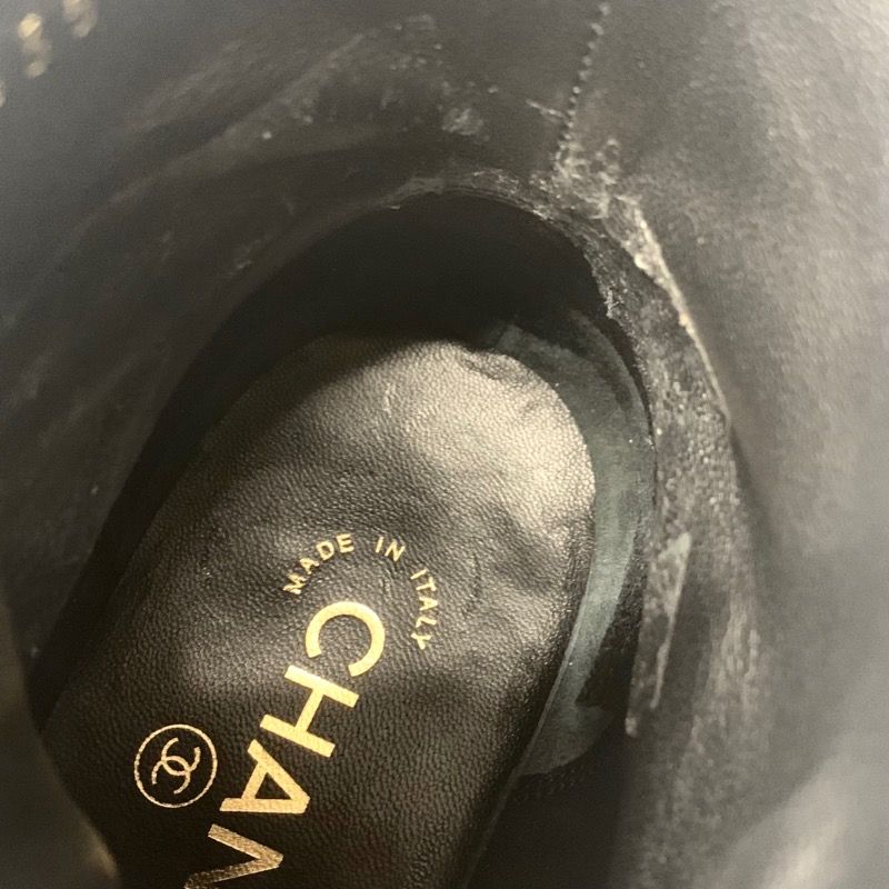 Chanel Boots Short Boots Shoes Fabric Black Here Mark Lace Up Pearl