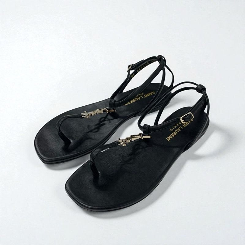 Saint Laurent Cassandra Sandals Shoes Leather Black Gold YSL Hardware Strap
