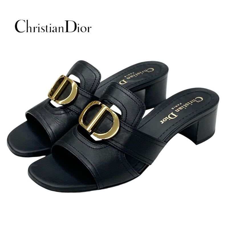 Christian Dior 30 Montaigne Sandals Shoes Leather Black Gold Logo Mules