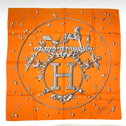 Hermes Carre 90 VIF Argent Silver Drops Orange Silk Scarf With Box