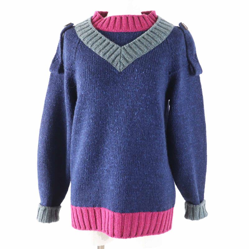 CHANEL P44484 Cashmere Silk Long Sleeve Knit Pullover Layered Style Navy Pink