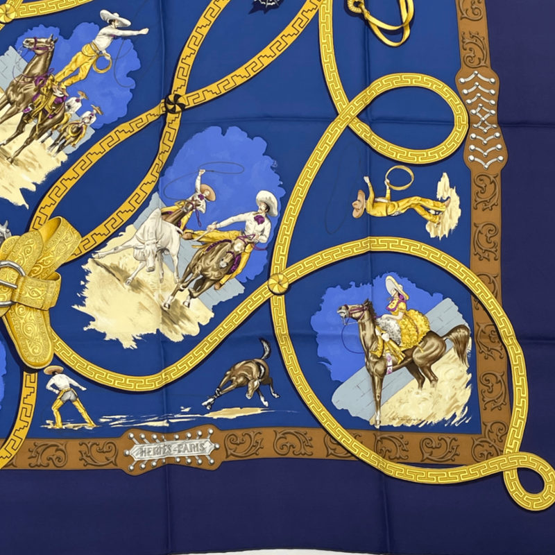 Hermes Carre 90 Scarf Charreada Horse Blue Silk