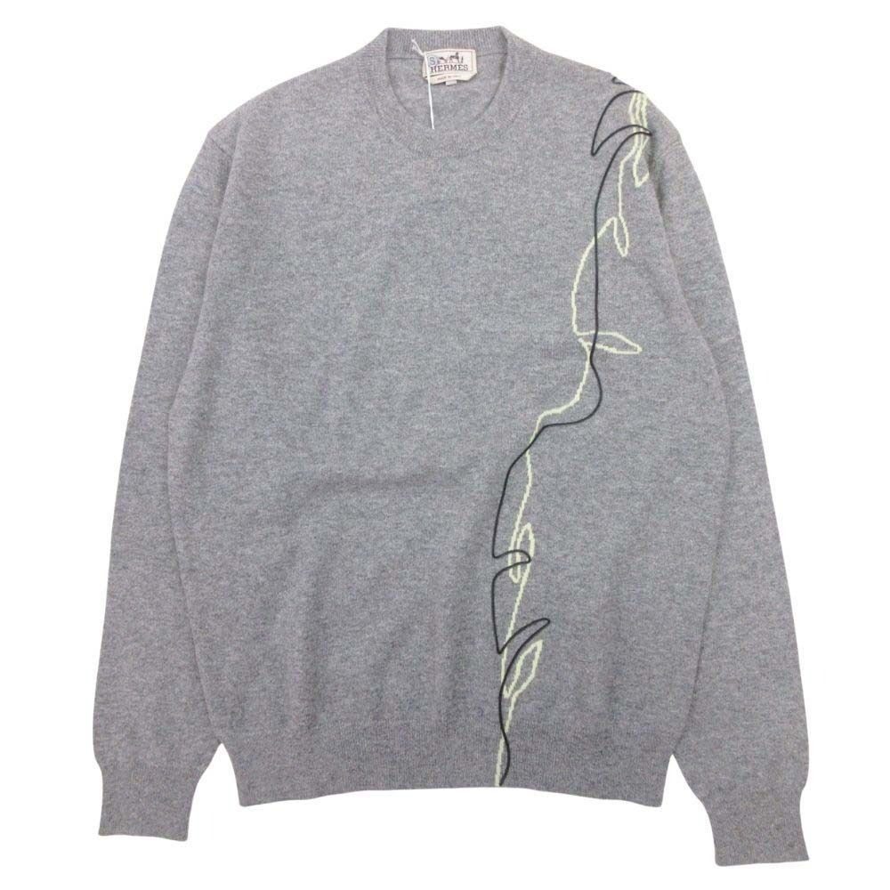 Hermes Cashmere Knit Leather Trim Sweater Pullover Crew Neck Long Sleeve Top XL