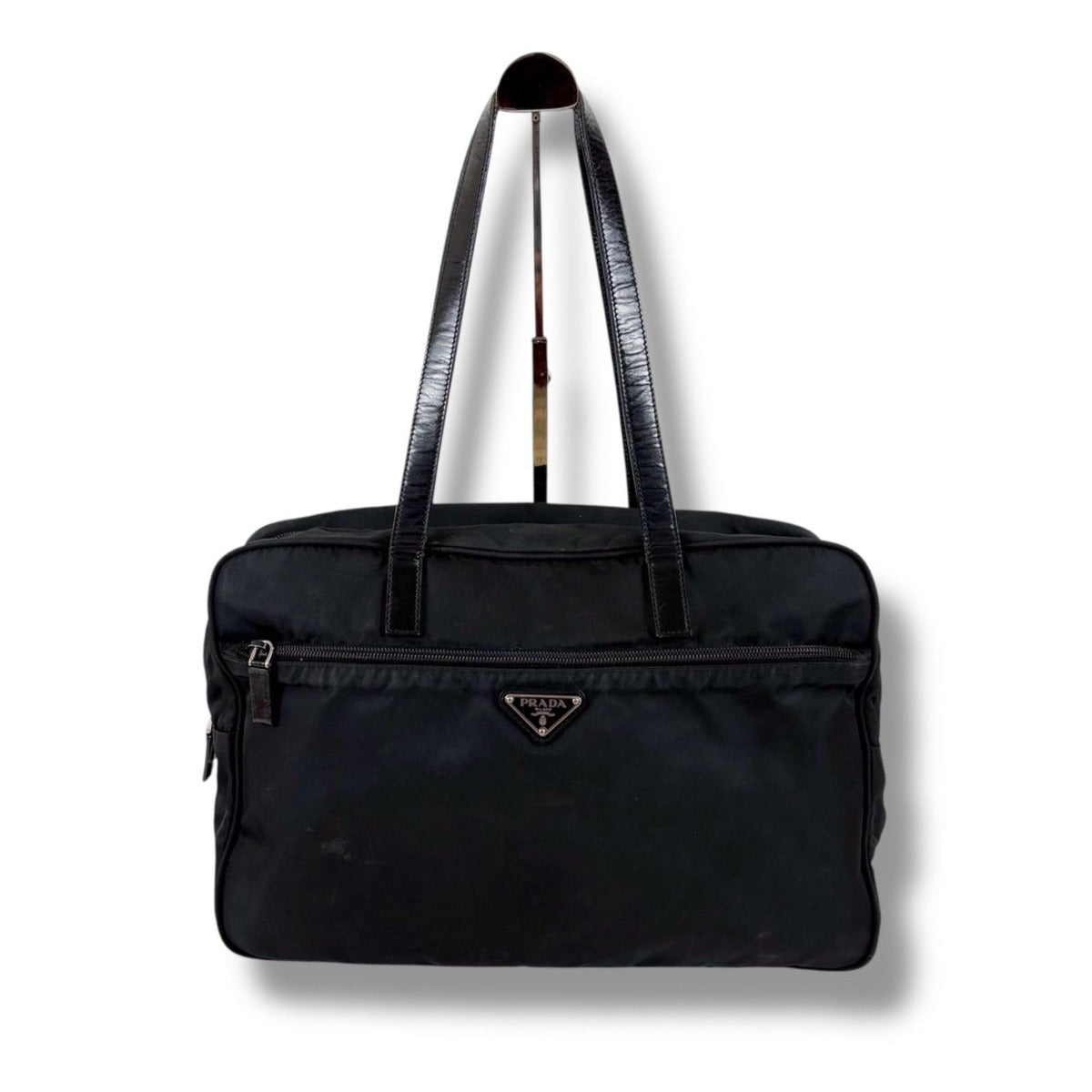 Prada Triangle Logo Tote Business Black Tessuto