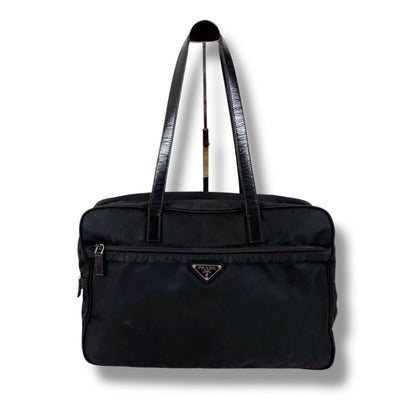 Prada Triangle Logo Tote Business Black Tessuto