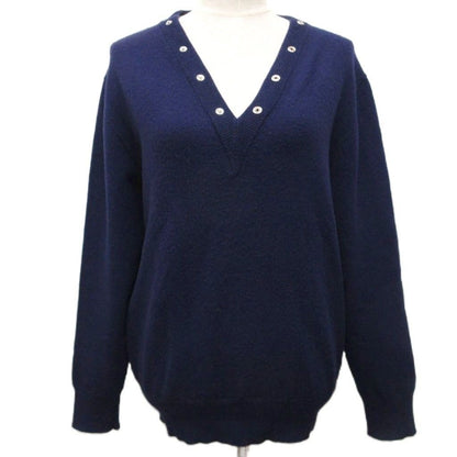 Balenciaga Knit Sweater Long Sleeve V-neck Snap Button Wool 36 Navy