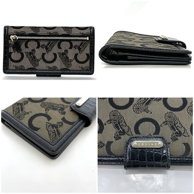 Celine Bifold Long Wallet Black Beige Carriage Pattern C Wallet Excellent