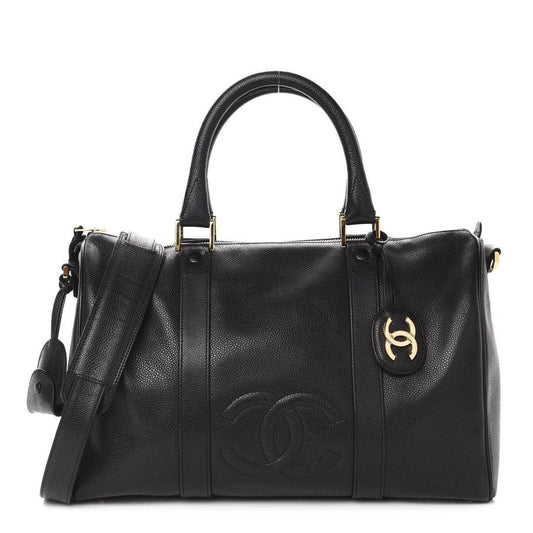 Chanel Caviar Leather Large Bowler Bag Travel Duffle Black CC Tote