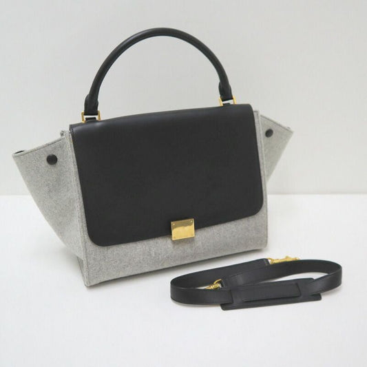 Celine Trapeze Handbag Leather Felt Black Gray Gold