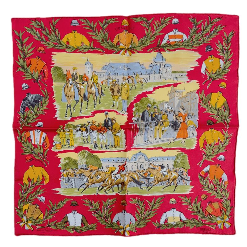 Hermes Carre 45 Chantilly Chien Ti Racecourse Red And Multicolor 100% Silk Scarf