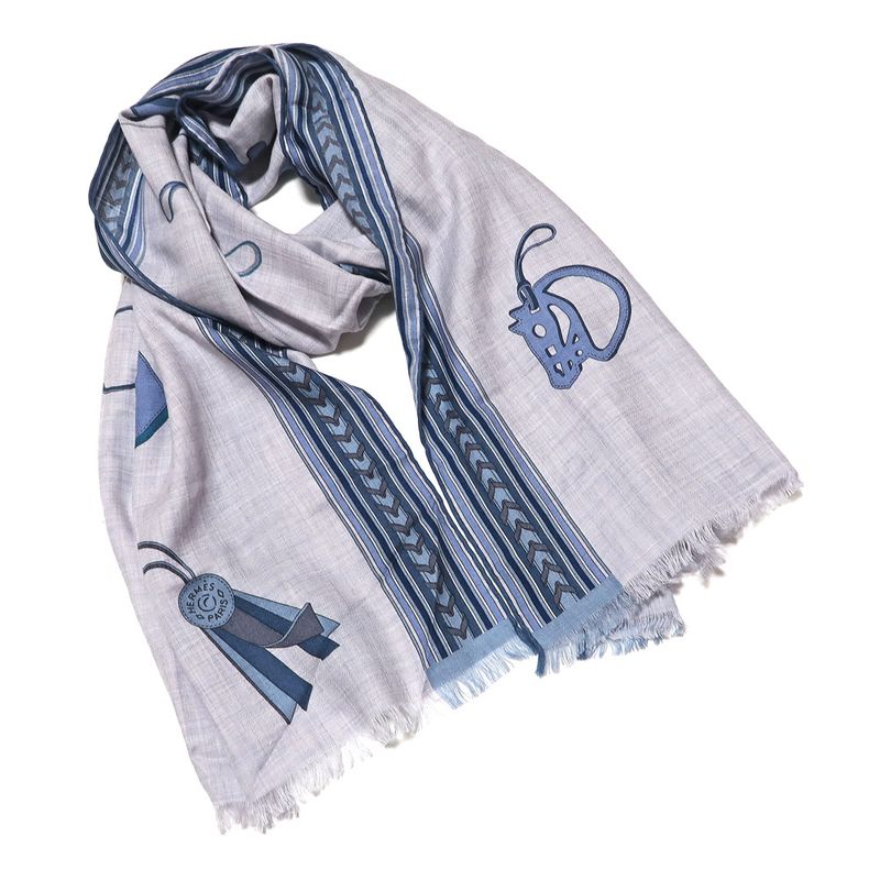 Hermes Shawl Rectangle 70% Cashmere 30% Silk Blue Cashcil Accessories