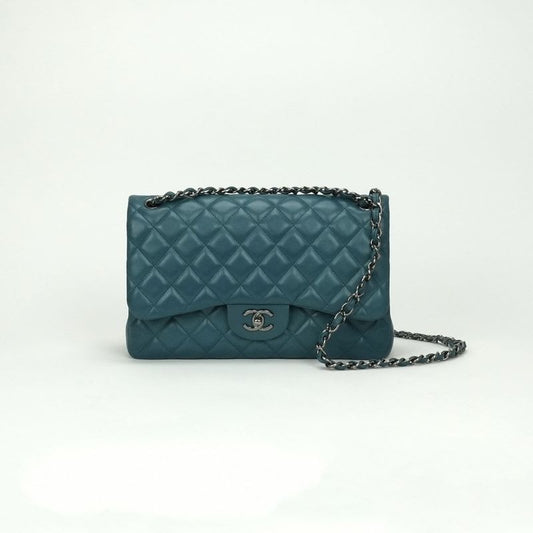 Chanel Quilted 30 big Bag Shoulder Lambskin Blue Silver