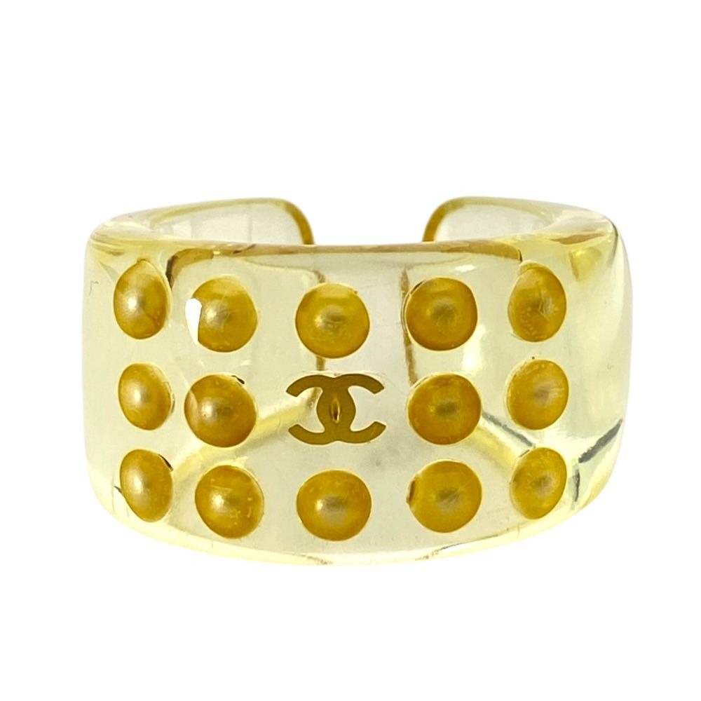 Chanel CC Logo Pearl Ring Plastic Faux Clear Yellow White Sophisticated Luxury