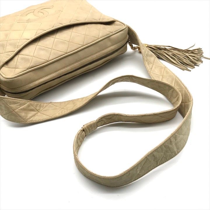 Chanel CC Logo Quilted Lambskin Fringe Shoulder Bag Beige Purse