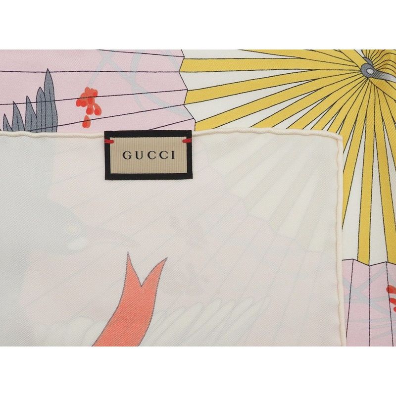 Gucci Printed Silk Scarf Ca Fly Swan 90x90 Fan Swan Bird Ribbon Ivory Multicolor